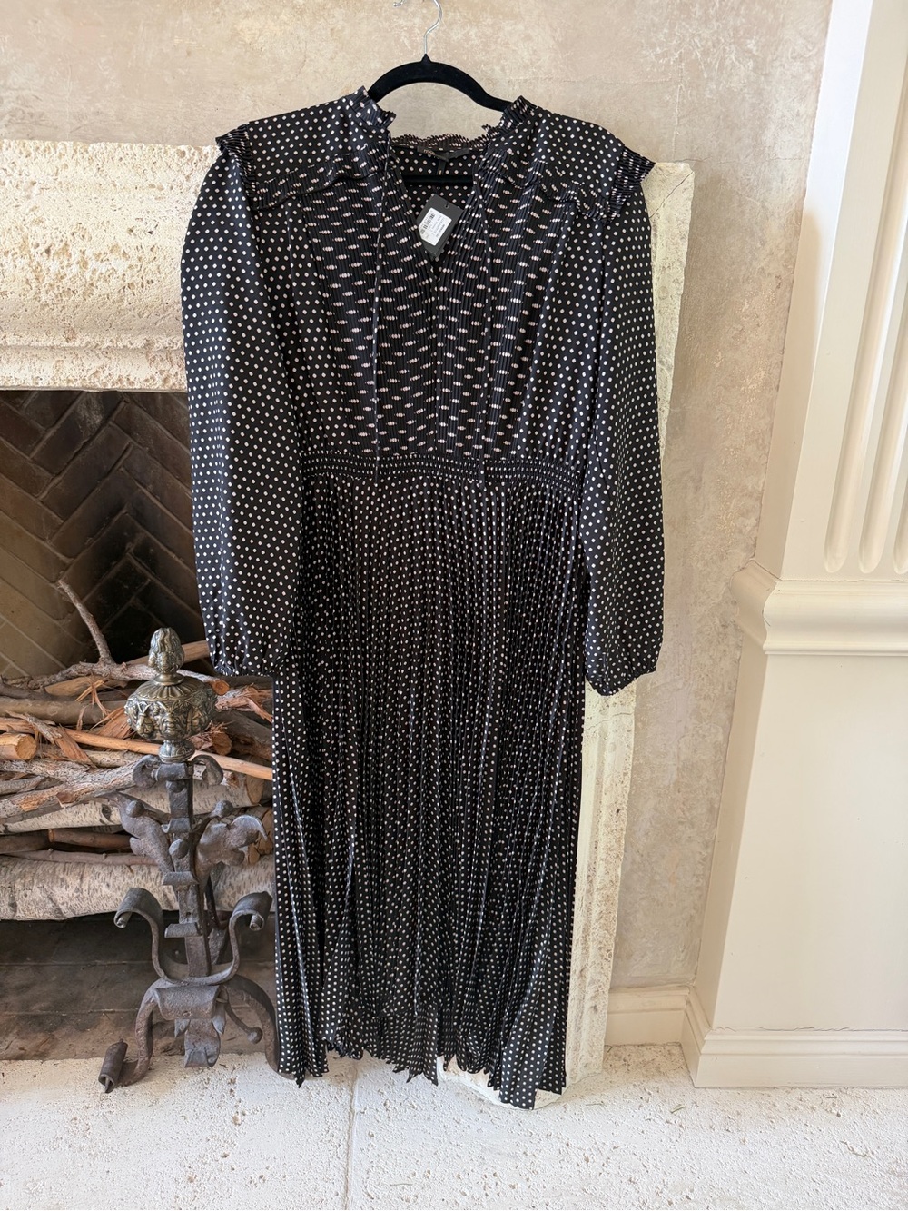 Maje Clover Polka Dot Long Sleeve Asymmetric Midi Dress